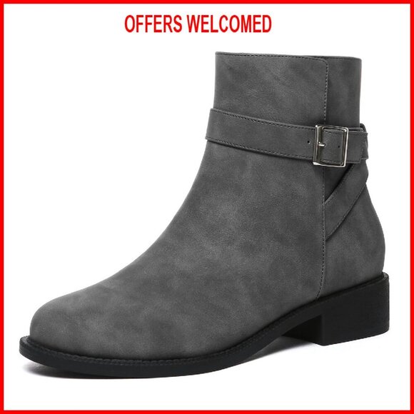 Shoes - Women's Chunky Low Heel Ankle Boots Round Toe Buckle Leather Booties